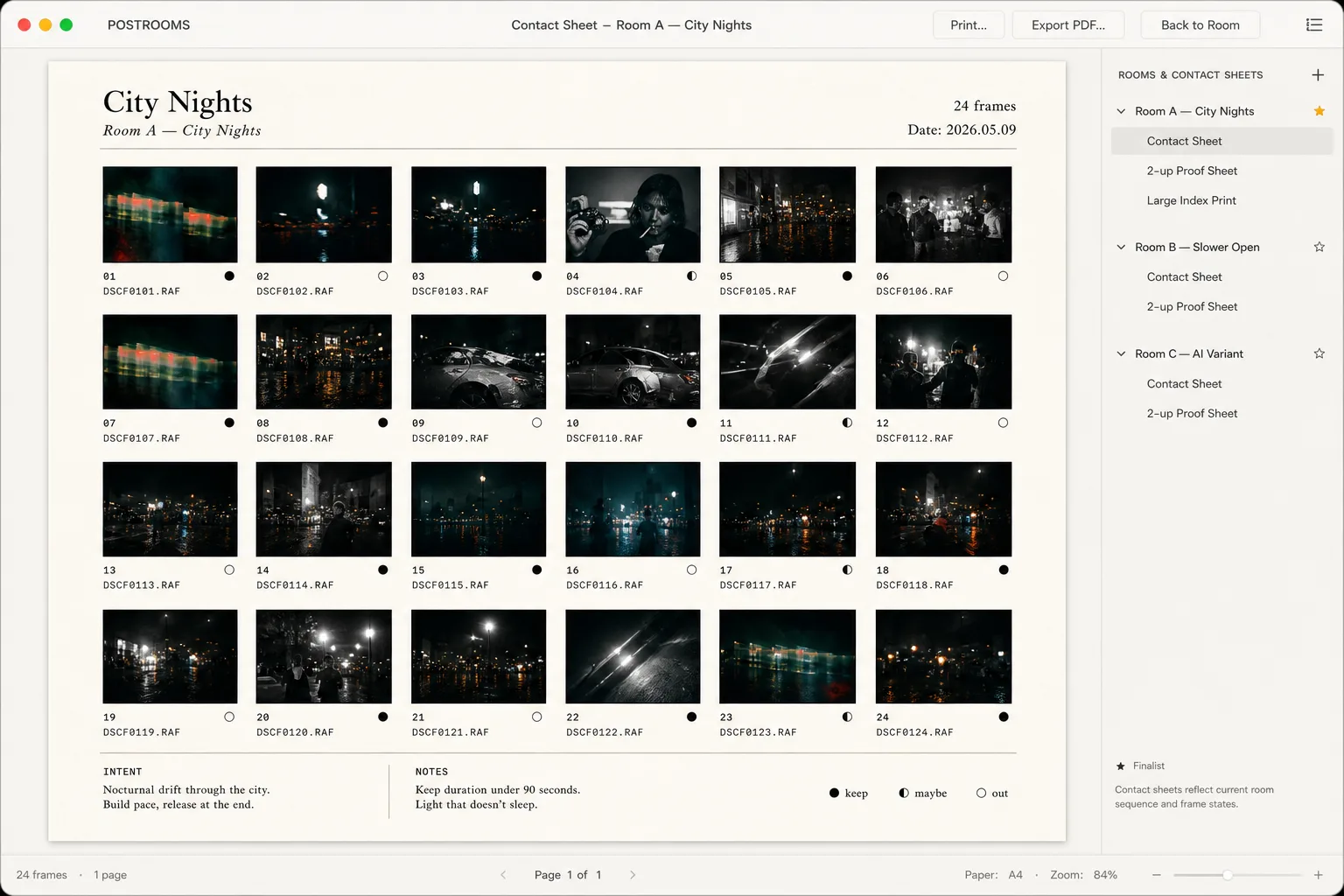A POSTROOMS contact sheet proof with sequence frames, room notes, and export status marks.