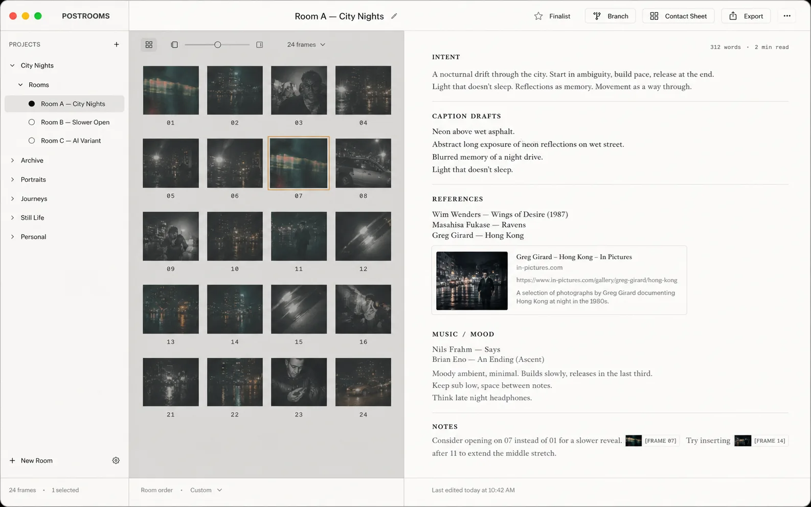 A POSTROOMS room with image thumbnails on the left and room notes, caption drafts, references, and music notes on the right.